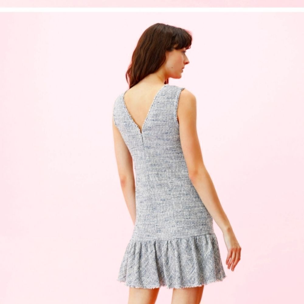 REBECCA TAYLOR Sleeveless V neck Tweed blue grey Ruffle Hem Sheath Dress… - Picture 6 of 16